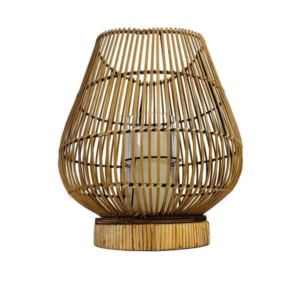 Boho Bamboo Candle Holder Lantern Glass Insert 16" Curved Rustic Home Decor Tabl - Picture 3 of 16